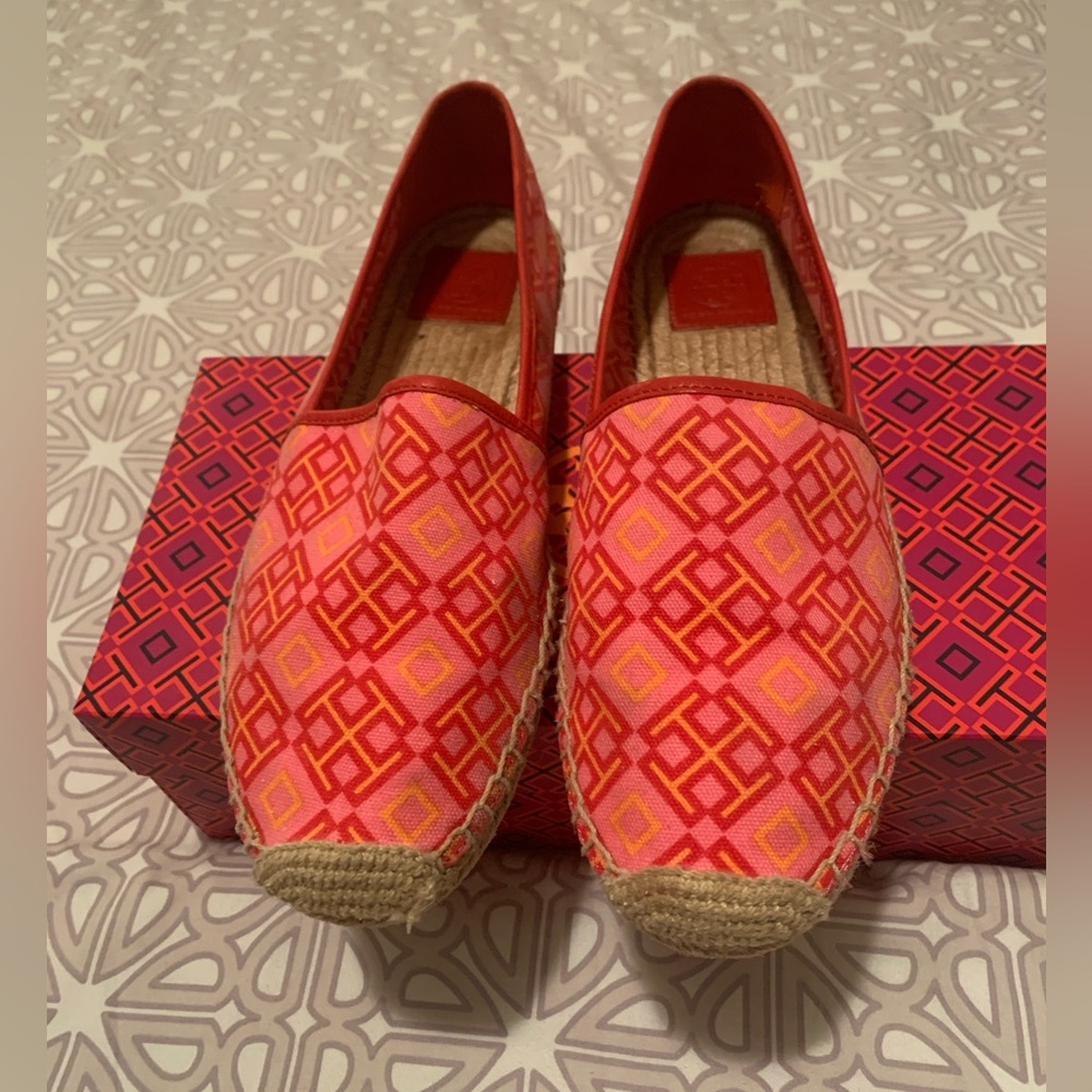 Tory Burch Pink and Red Patterned Espadrille Flats